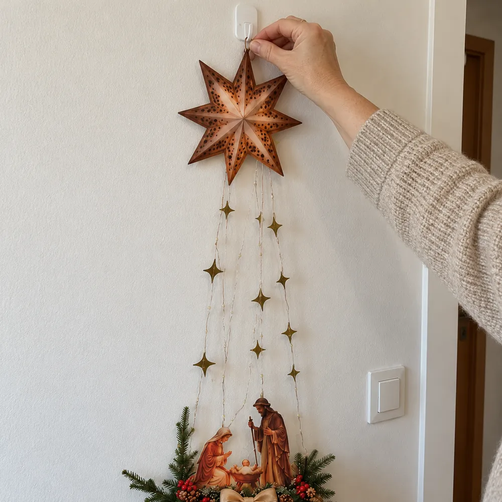 Una mano cuelga la estrella de la Luz de Belén